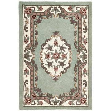 Shensi Traditional Floral Aubusson Medallion Border French-Style Hand-Carved Hi-Low Textured Soft Durable Wool Green Rug-Origins-Rug Love - The Most Loved Rug Store
